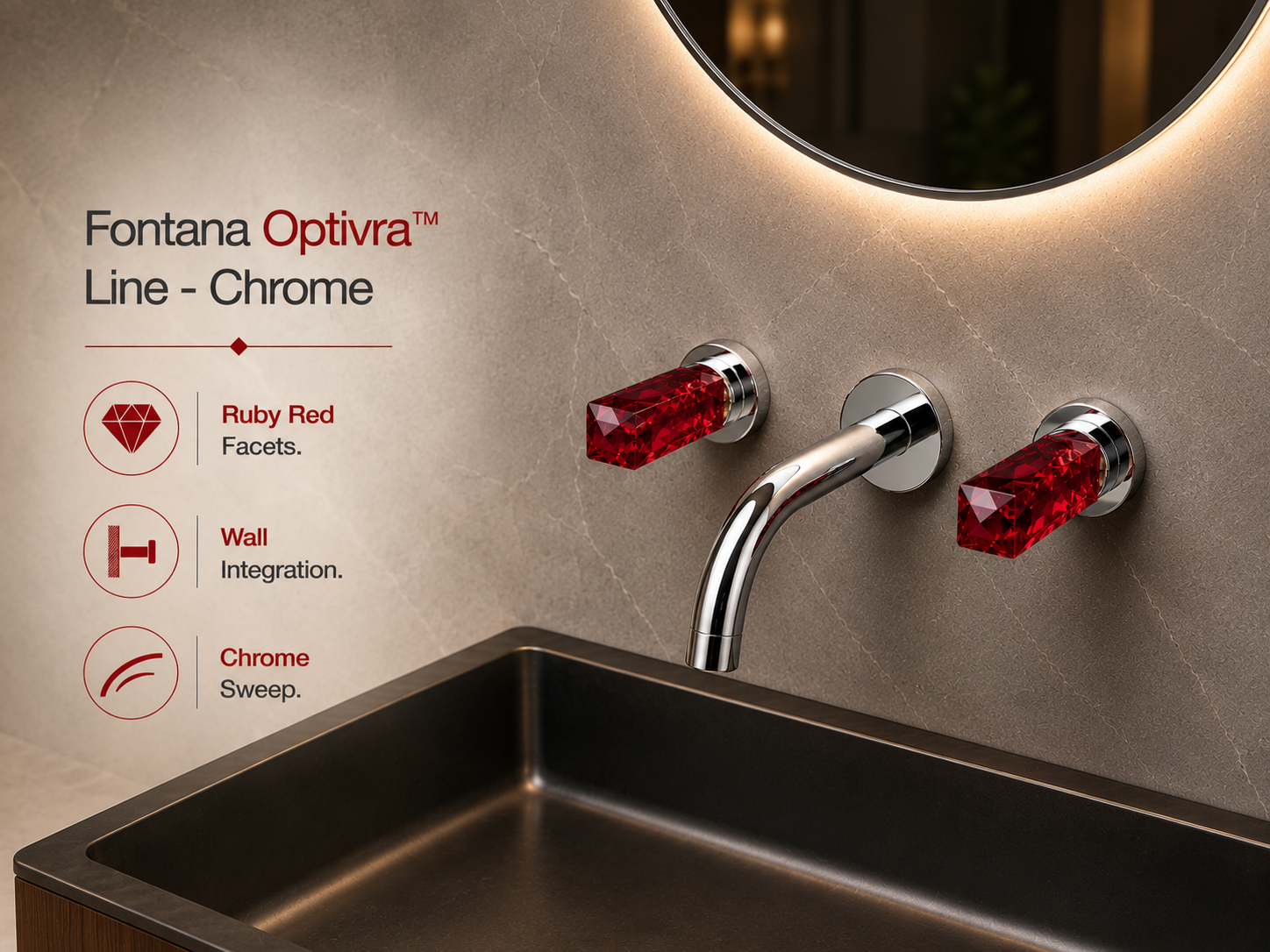Fontana Optivra Chrome Wall-Mounted Thermostat Faucet with Red Crystal Handle